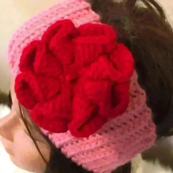 Handmade crocheted pink headwrap with red flower - Picture 1 of 5